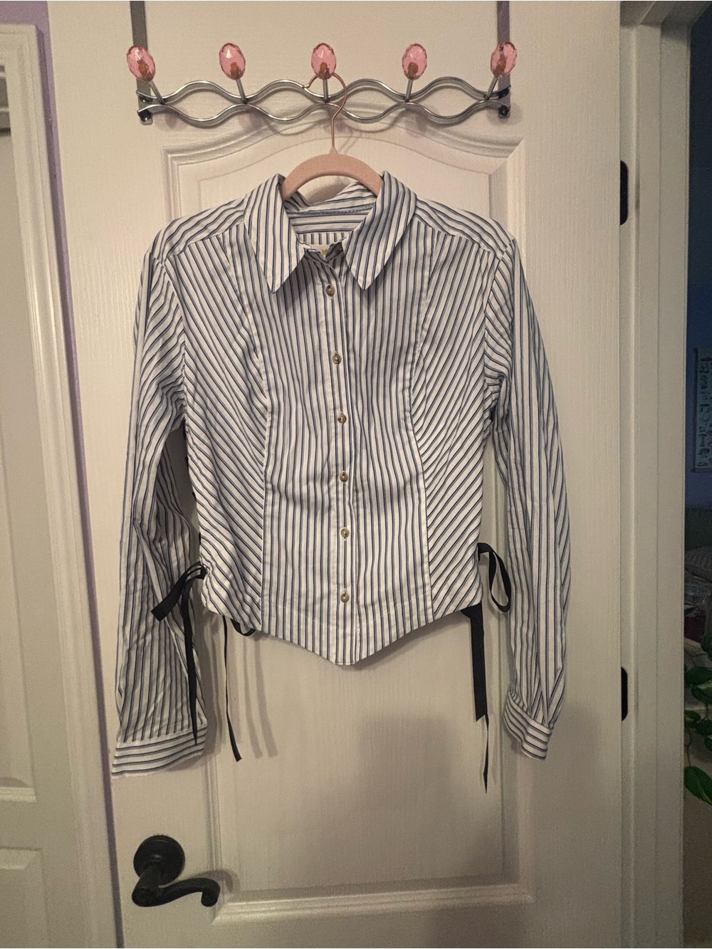 Anthropologie Blue and White Striped Button-Down Shirt with Side Ties